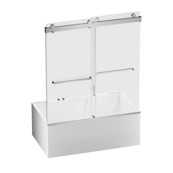 60 in. W x 62 in. H Frameless Shower Door Double Sliding Tub Door in Chrome w/ 5/16 in. Clear Tempered Glass and Handles