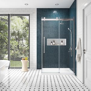 Bel Soft Close 48 in W Frameless Sliding Shower Door in Satin Nickel with Shower Pan