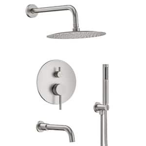 Double Handles 3-Spray 10 in. Wall Mount Shower Head Tub and Shower Faucet 2.5 GPM in Brushed Nickel(Valve Included)