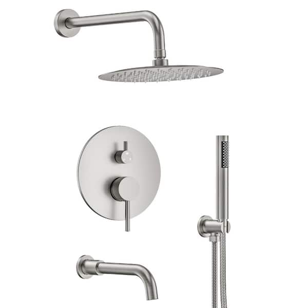 CRANACH Double Handles 3-Spray 10 in. Wall Mount Shower Head Tub and Shower Faucet 2.5 GPM in Brushed Nickel(Valve Included)