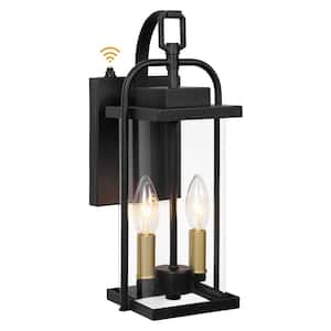 2-Light Outdoor Smooth Curved Glass Black Wall Lantern Sconce with Dusk to Dawn