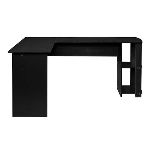 Outopee 66 in. W L-Shaped Black Computer Desk with 2-Layer Bookshelves