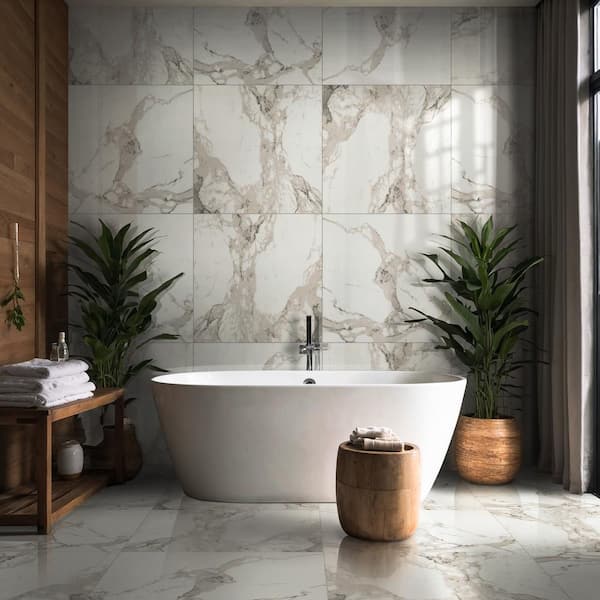 Crystal Bianco 4 in. x 4 in. Polished Porcelain Marble Look Floor and Wall Tile Sample