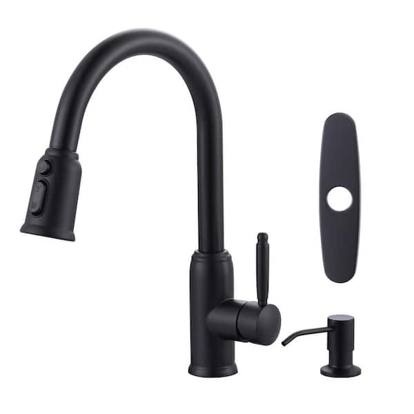 ARCORA Single Handle Pull Out Sprayer Kitchen Faucet Deckplate Included with Soap Dispenser in Matte Black