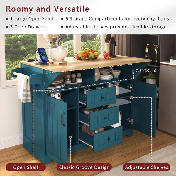 Green Wood 55.7 in. Kitchen Island on 5 Wheels with 2 Drop Leaf
