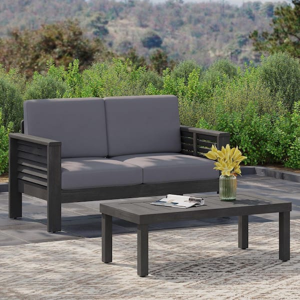 Coporesell 2-Piece Acacia Wood Patio Conversation Set with Grey Cushions