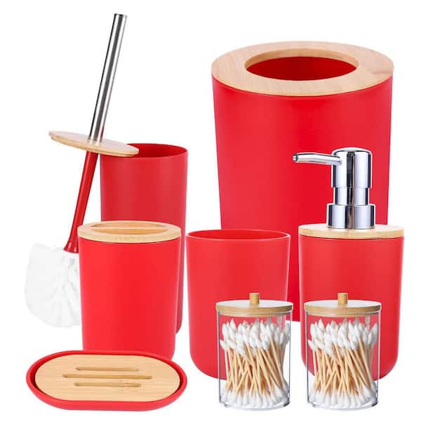 Dracelo 8-Piece Bathroom Accessory Set with Dispenser,Toothbrush Holder,Soap Dish,Toilet Brush,Trash Can,Qtip Holders in Red