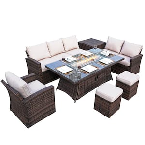 TOTEM 7-Piece Wicker Patio Fire Pit Conversation Sofa Set With Beige Cushions