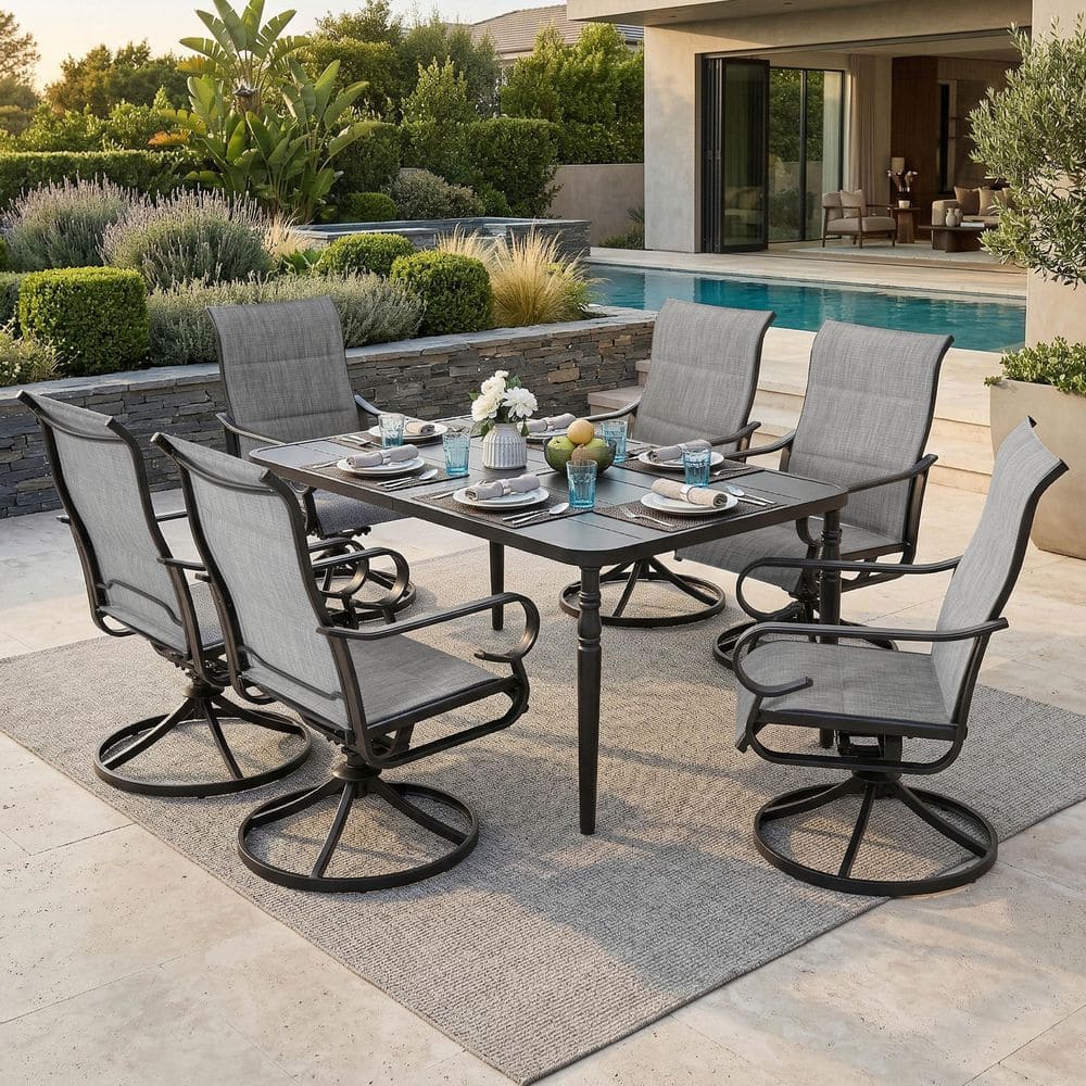 Black 7-Piece Padded Textilene Rectangular Outdoor Dining Set with Umbrella Hole and High Backrest, Swivel Design price history on PriceWatchPro