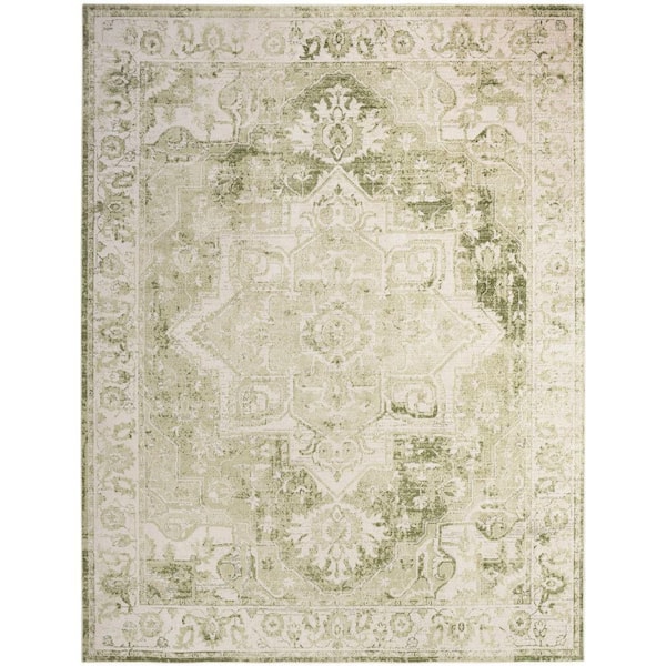 Nourison Astra Machine Washable Ivory Green 7 ft. x 9 ft. Center medallion Traditional Area Rug