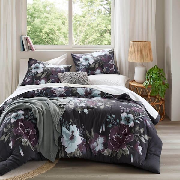 Madison Park Rita 3-Piece Dark Grey/Plum Polyester Full/Queen Comforter Set