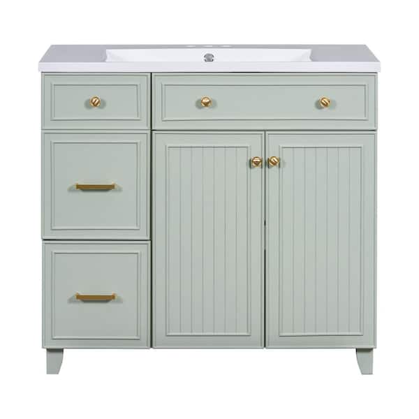 Virubi 36 in. W x 18 in. D x 34 in. H Single Sink Bath Vanity in Green with White Resin Top, 2-Drawers, Adjustable Shelf
