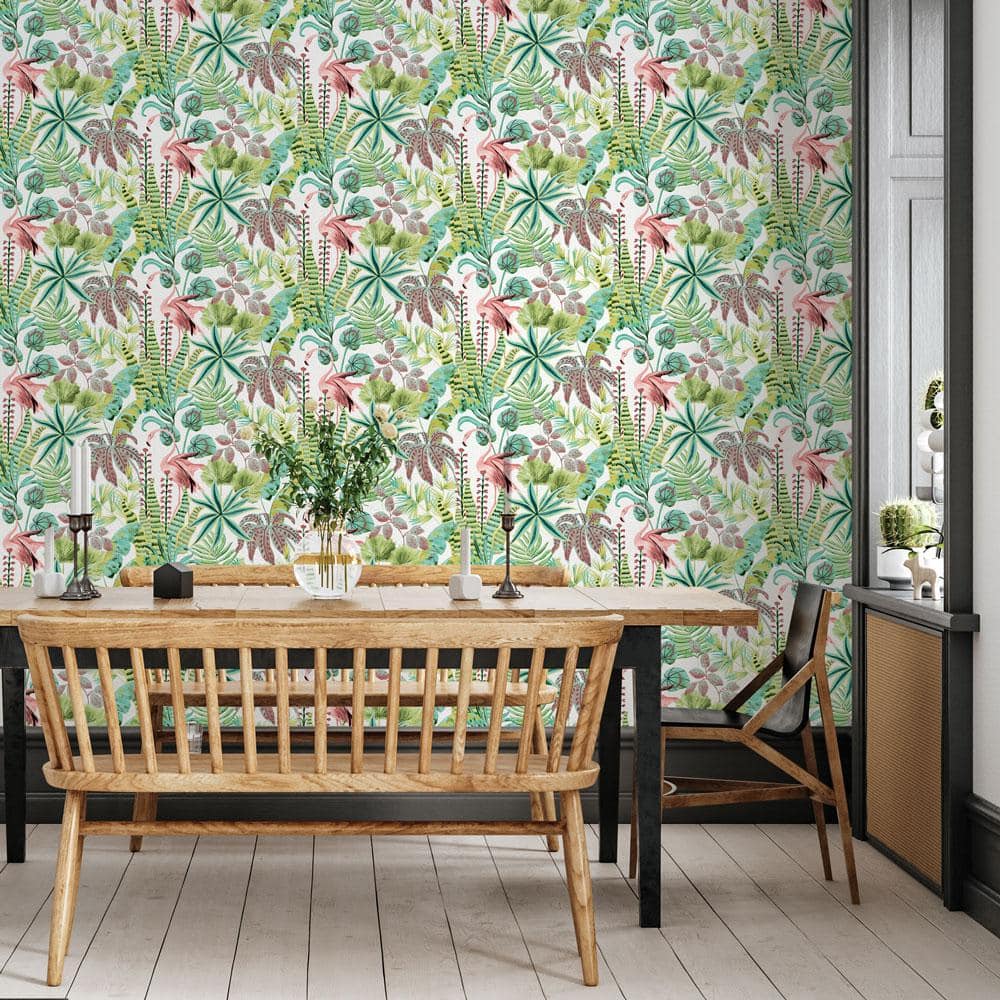 Cactus Rose Tropical Pink and Green Peel and Stick Wallpaper Roll
