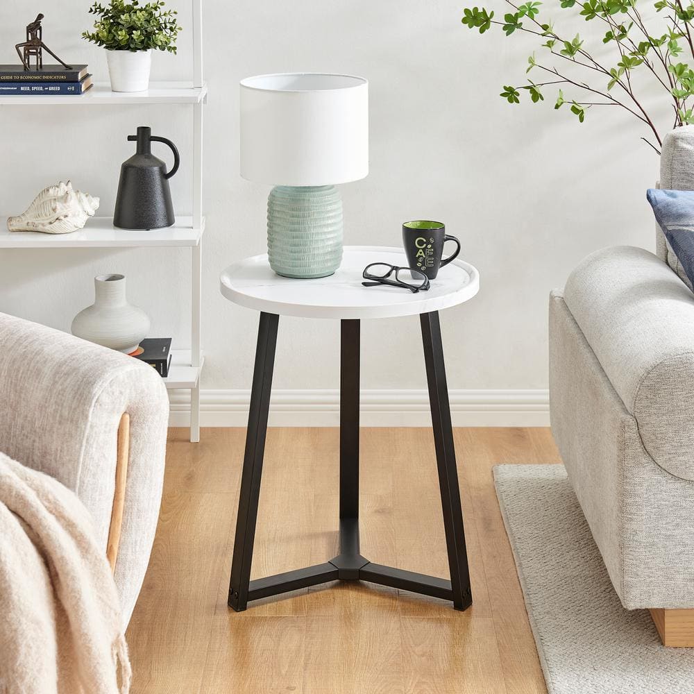 Harper Round White Marble and Black Metal Side Table