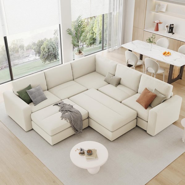 Qualler 121.3 in. Corduroy L-Shaped Sectional Sofa in Beige with 2 Movable Ottomans