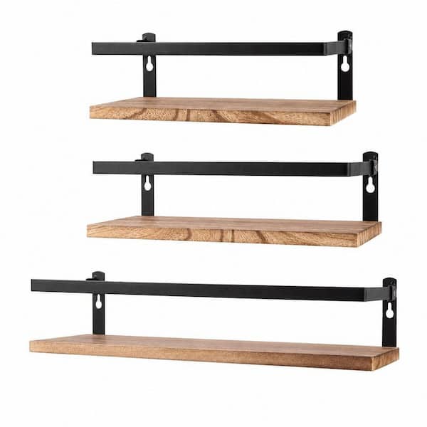 3.85 in. H x 14/11/17 in. W 5-Bottle Carbonized Black Rustic Wood and Metal Bar Shelves Set of 3 for Kitchen Bathroom