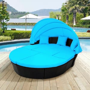 Black Frame 6-Piece Wicker Outdoor Chaise Lounge Day Bed Sunbed with Canopy and Blue Cushions