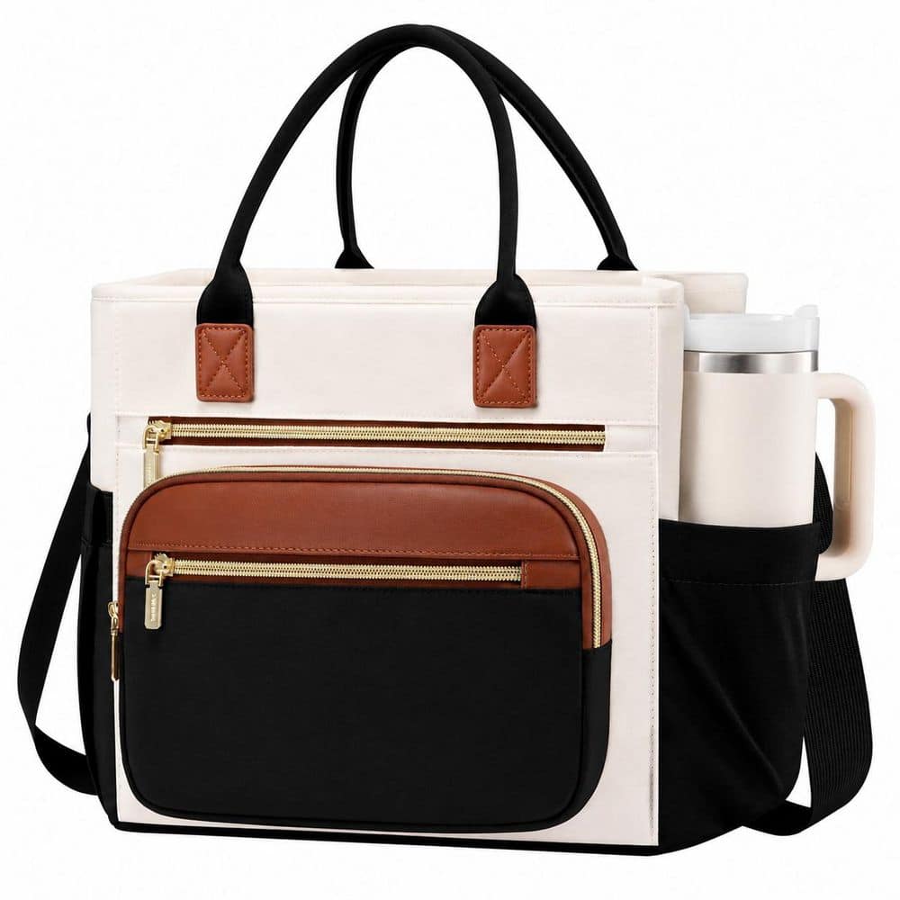 Black with Off White with Brown Lunch Bag, Large 13 L Insulated Tote with Wide Opening and Tumbler Pocket
