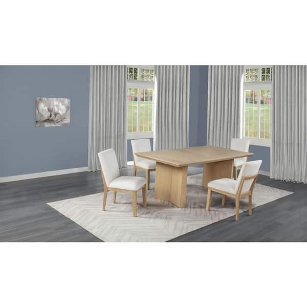 Davis 5-Piece Rectangle Light Oak Wood Top Dining Room Set With 4 Cream Linen Fabric Chairs