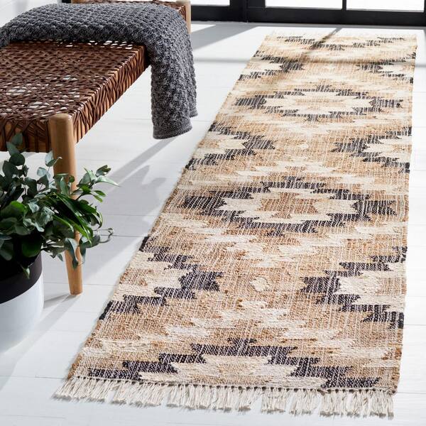 Natural Fiber 2 ft. x 9 ft. Natural/Black Geometric Runner Rug