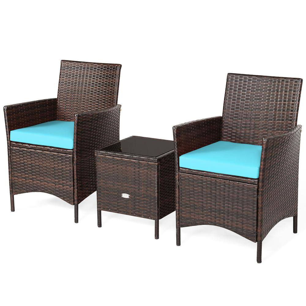 3-Piece Outdoor Rattan Conversation Set Patio Furniture Set with Blue Cushions price history on PriceWatchPro