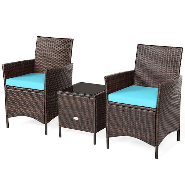 Gymax 3-Piece Outdoor Rattan Conversation Set Patio Furniture Set with Blue Cushions