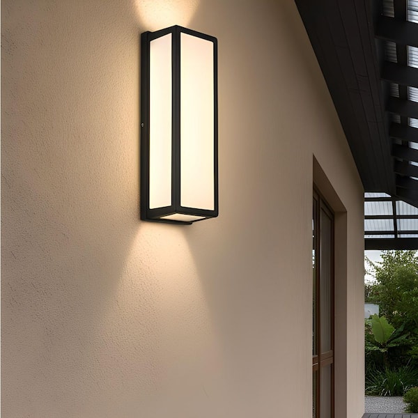 15.7 in. Black Cylinder Modern Integrated LED Indoor/Outdoor Porch Light Wall Lantern Sconce with White Shade