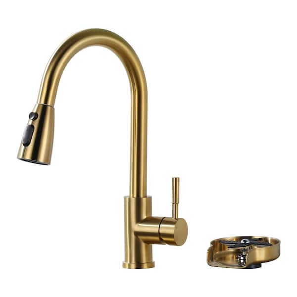 15.6 in. H Single Handle Pull-Down Sprayer Kitchen Faucet with 360° Spout Swivel 3-Mode Spray and Glass Rinser in Gold