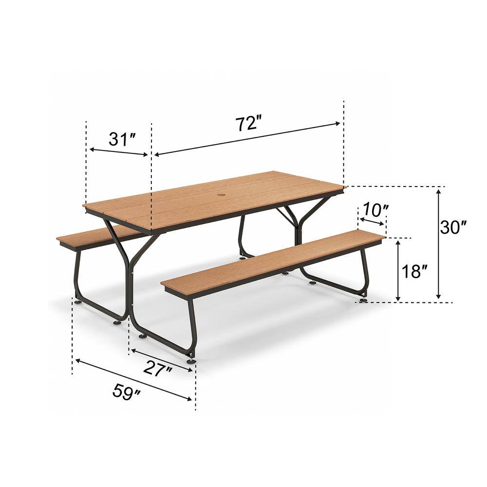 6FT Brown HDPE and Metal Outdoor Picnic Table Bench Set
