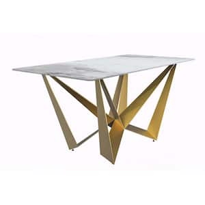 Nuvor Modern Dining Table with a 55 in. Rectangular Top and Gold Steel Base, Medium Grey