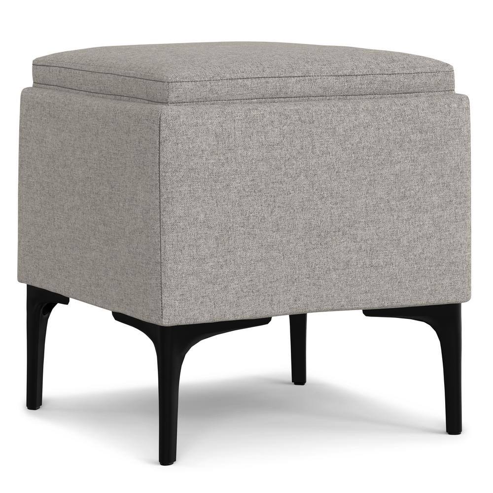 Cloud Grey Polyester Linen Storage Ottoman with Tray