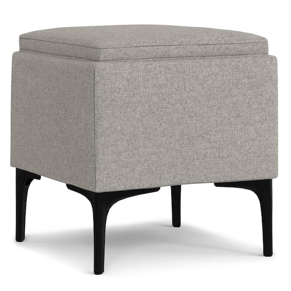 Natasha 18 in. Wide Mid Century Square Mid Century Storage Ottoman with Tray in Cloud Grey Polyester Linen, Assembled
