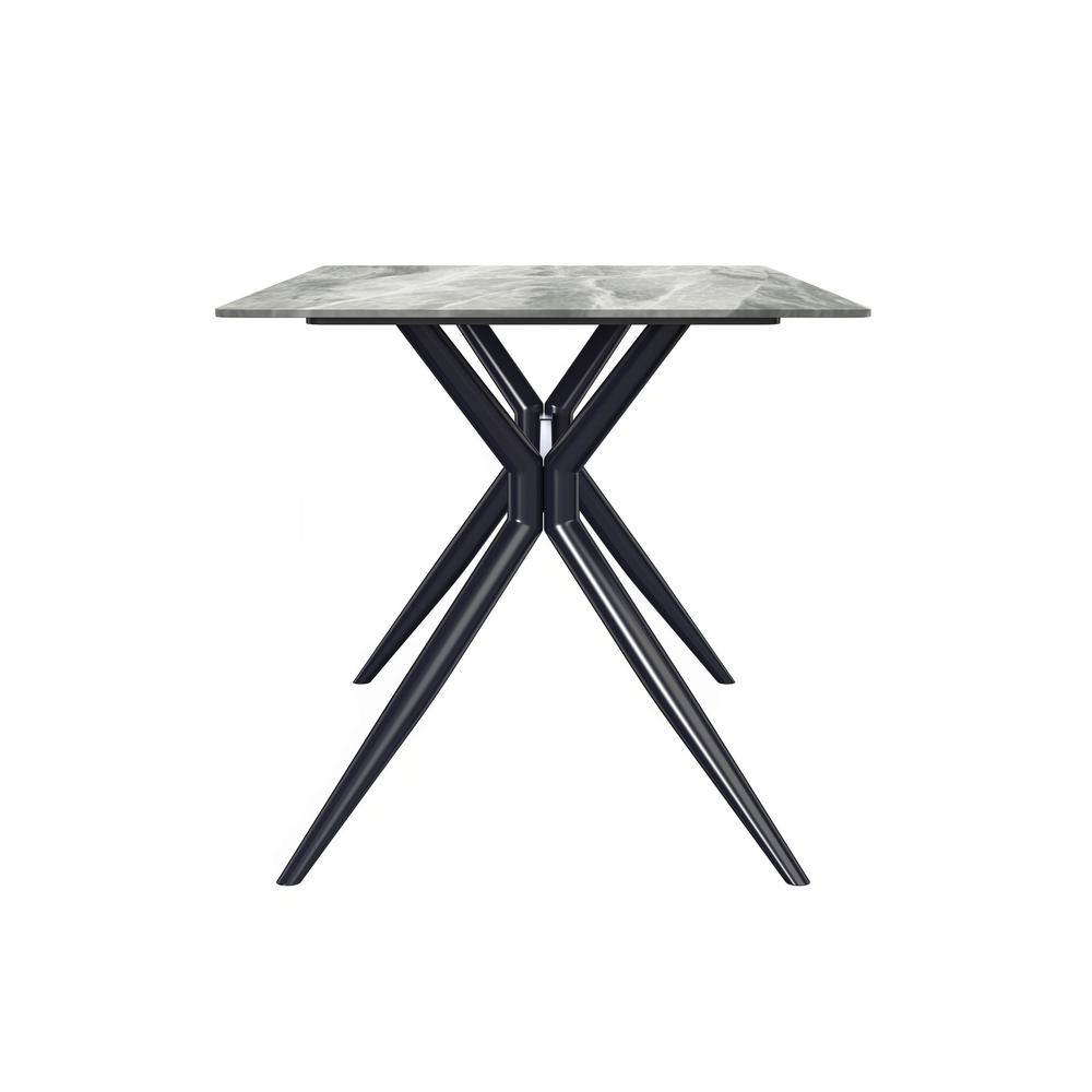Modern Light Grey Glass Dining Table with Black Steel Base, 62"