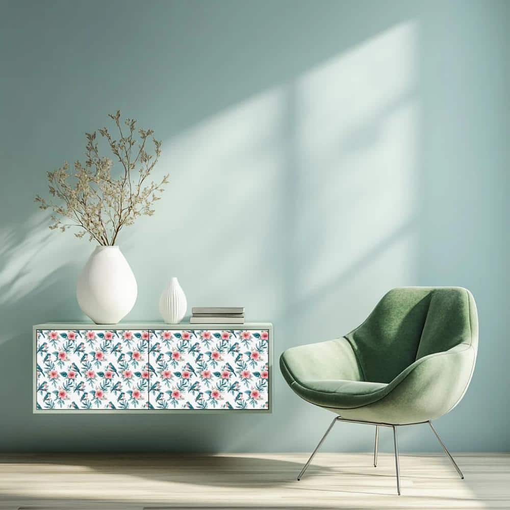 Seagreen and Pink Floral Bird 4x4 Vinyl Tile Stickers