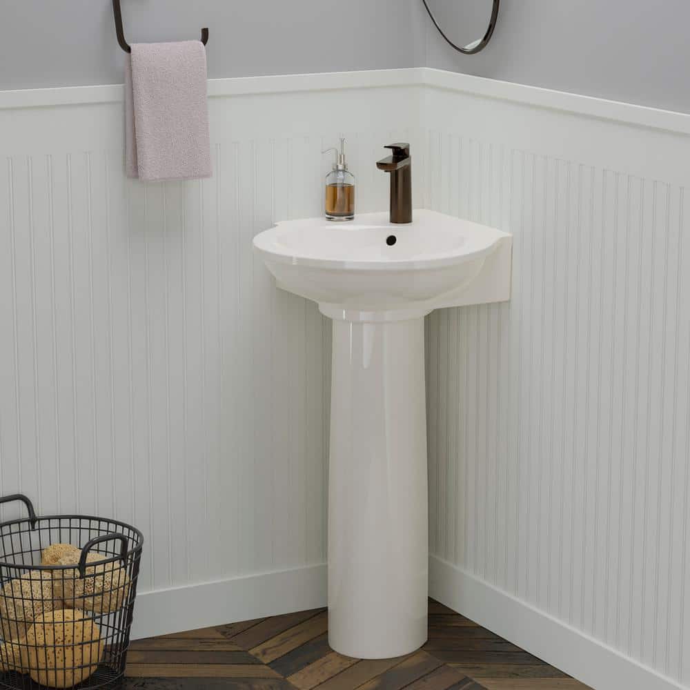 Compact White Ceramic Corner Pedestal Sink with 3 Faucet Holes