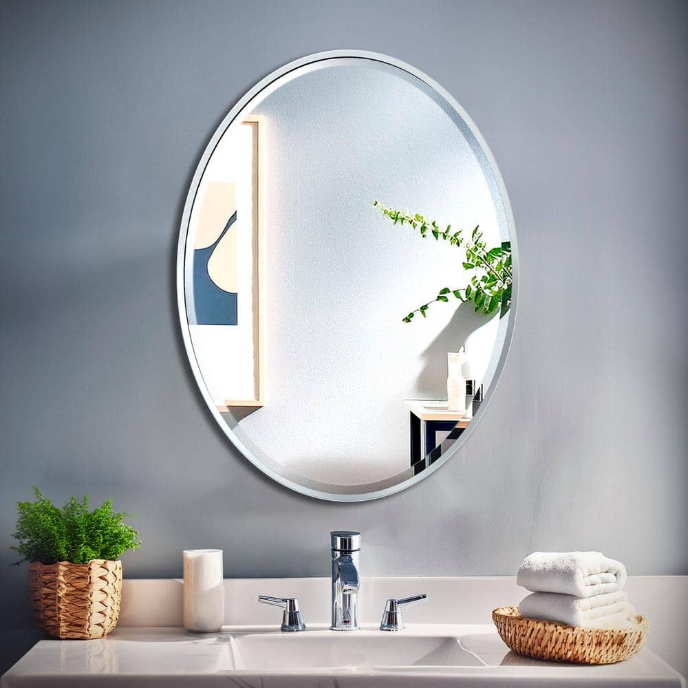 33" Chrome Minimalist Flush Mount Oval Bathroom Mirror