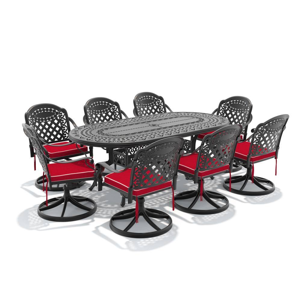 Black 9-Piece Cast aluminum Oval Outdoor Dining Set with Red Cushion Patio Furniture Set with Swivel Dining Chair price history on PriceWatchPro