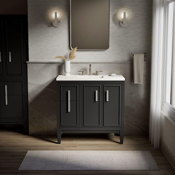 Southerk 37 in. Single Sink Freestanding Slate Grey Bath Vanity with White Quartz Top Assembled