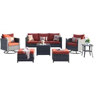 New Vultros Gray 7-Piece Wicker Outdoor Patio Conversation Set with Orange Red Cushions and Swivel Rocking Chairs