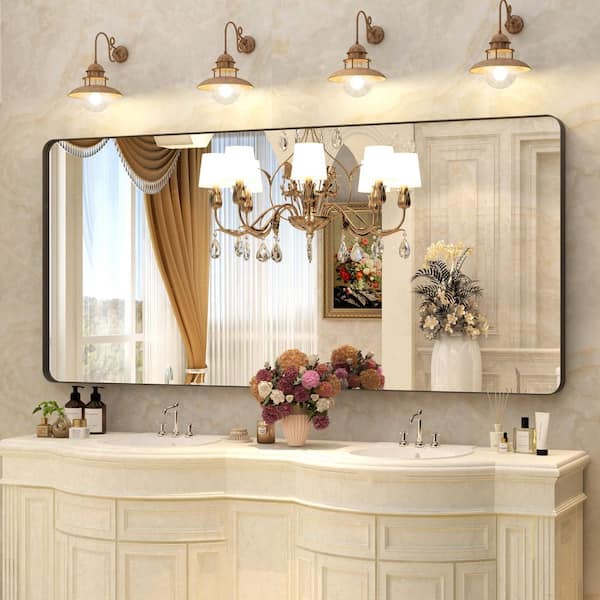 60 in. W x 28 in. H Premium Aluminum Framed Rectangular Bathroom Vanity Wall Mirror in Matte Black