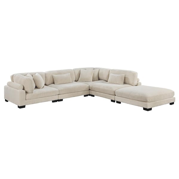 Lazzara Turbo 135 in. Straight Arm 5-Piece Corduroy Fabric Modular Sectional Sofa in Beige with Ottoman