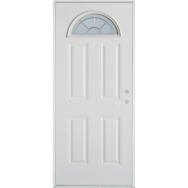 Stanley Doors 36 in. x 80 in. Geometric Brass Fan Lite 4-Panel Painted White Left-Hand Inswing Steel Prehung Front Door