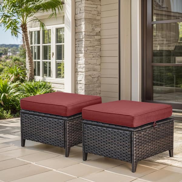 moosprr Brown Wicker Outdoor Ottoman with Red Cushions (2-Pack)