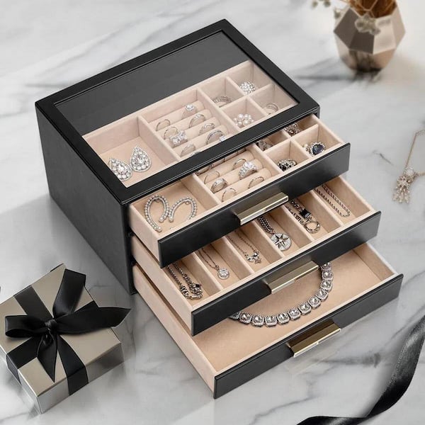 Black Jewelry Box for Women Glass Lid Jewelry Organizer with 3
