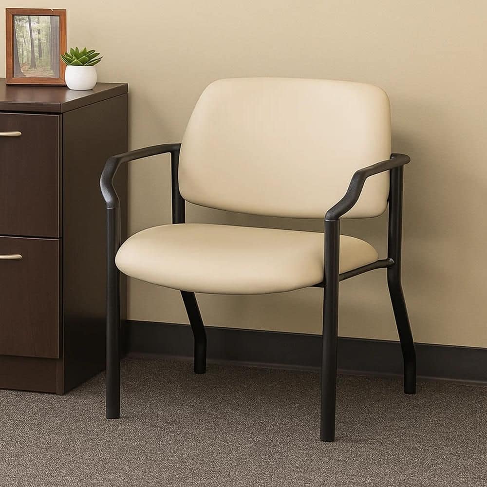 Theo Vinyl Upholstered Ergonomic Office Guest Chair in Beige and Black with Non-Adjustable Arms
