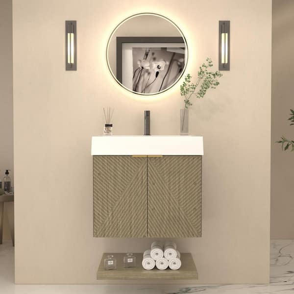 Stella 24 in. W x 20 in. D x 22 in. H Single Sink White Oak Bath Vanity with White Acrylic Top Floating Lower Shelf