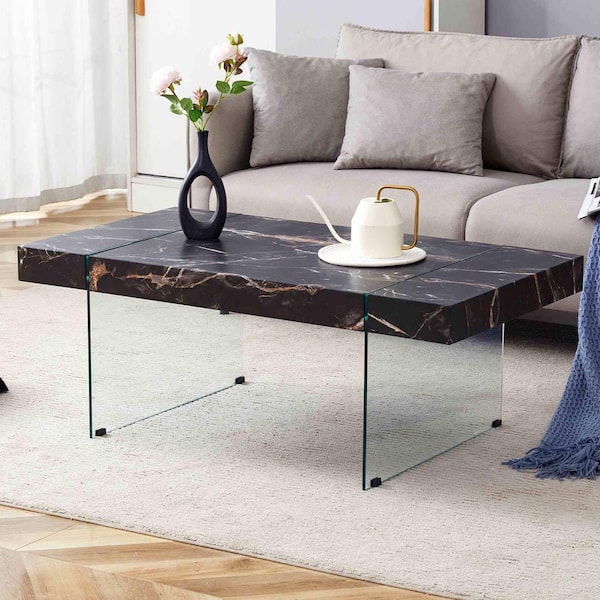 Polibi 43.3 in. Black, Transparent Rectangle Glass Coffee Table