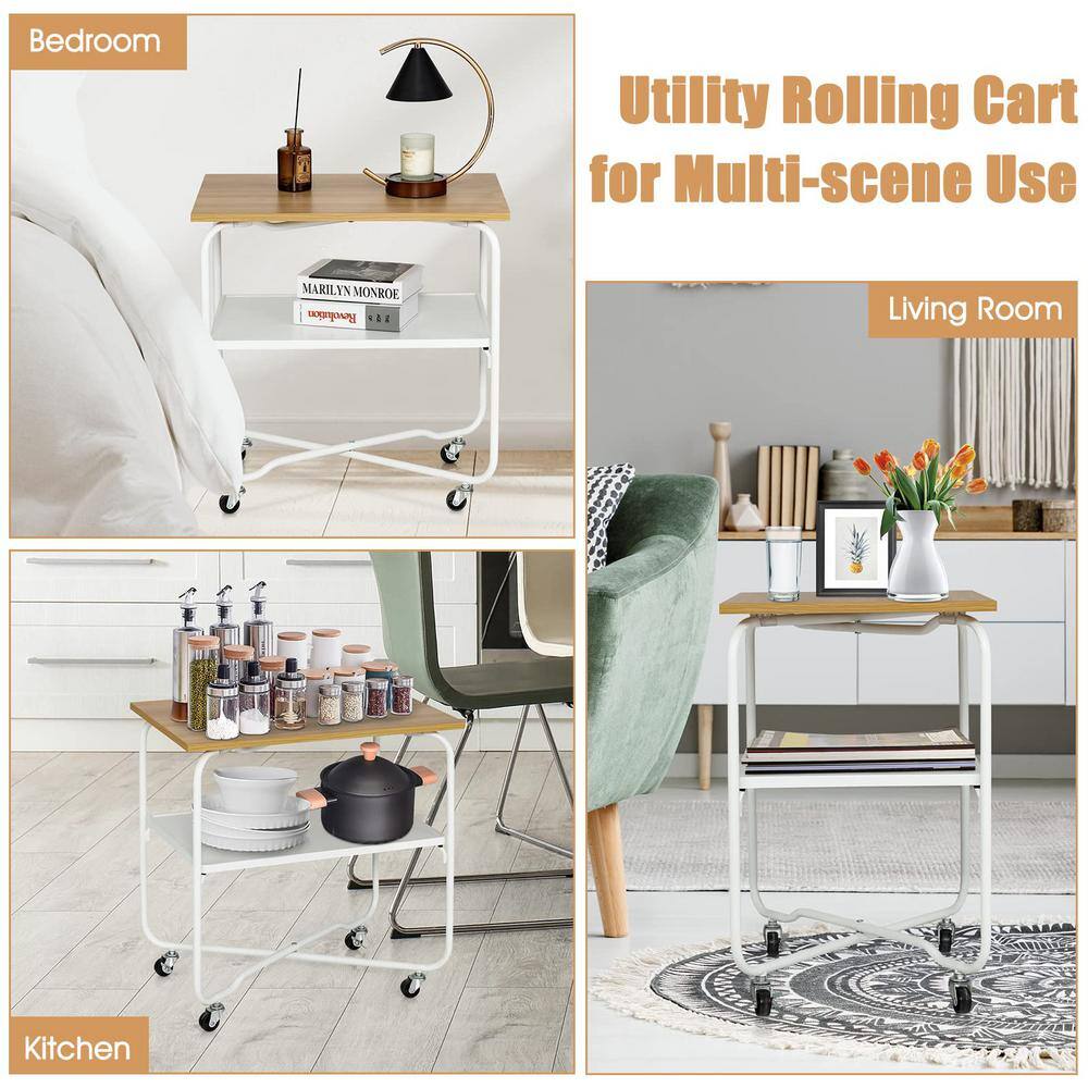 Natural Wood and White Metal 2-Tier Rolling End Table