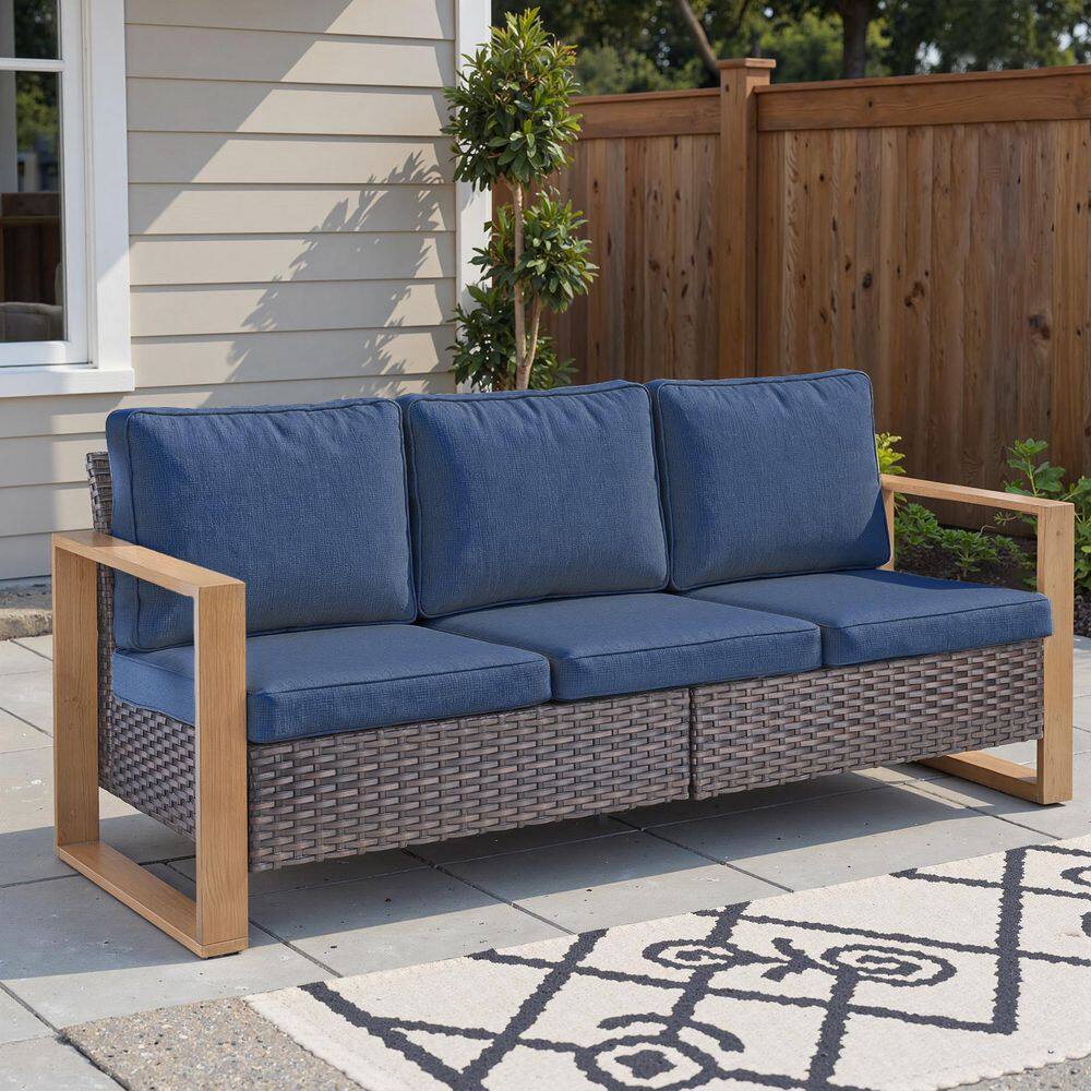 Kove Brown Wicker 1-Piece Outdoor Seactional Couch 3-Seat High Back Patio Sofa with Blue Cushion for Porch Backyard price history on PriceWatchPro