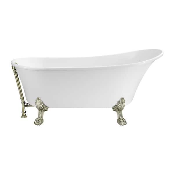 Streamline 55 in. Acrylic Clawfoot Non-Whirlpool Bathtub in Glossy White With Brushed Nickel Clawfeet And Brushed Nickel Drain